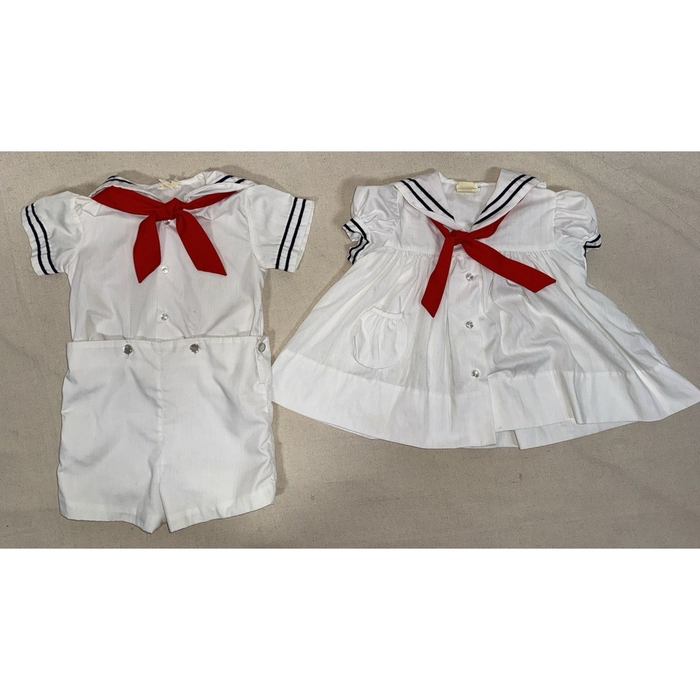 Vintage Boy Girl Sailor Outfit Nautical Set Size White Dress Red Bow Doll Twin